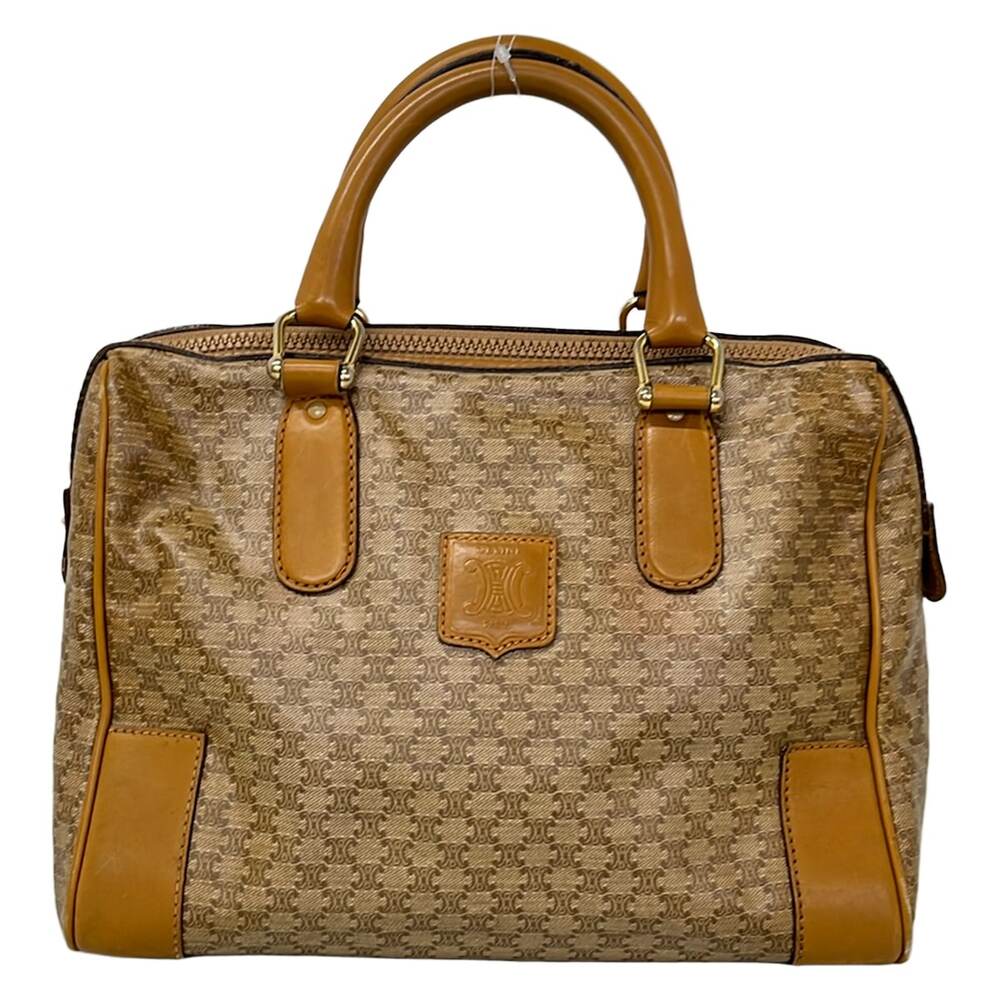 Celine Macadam Handbag Beige Dark Brown Light Brown Coated Canvas Leather